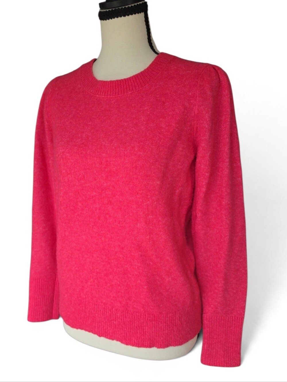 LOFT Crew Neck Puff Shoulder Sweater- Hot Pink- Size Medium